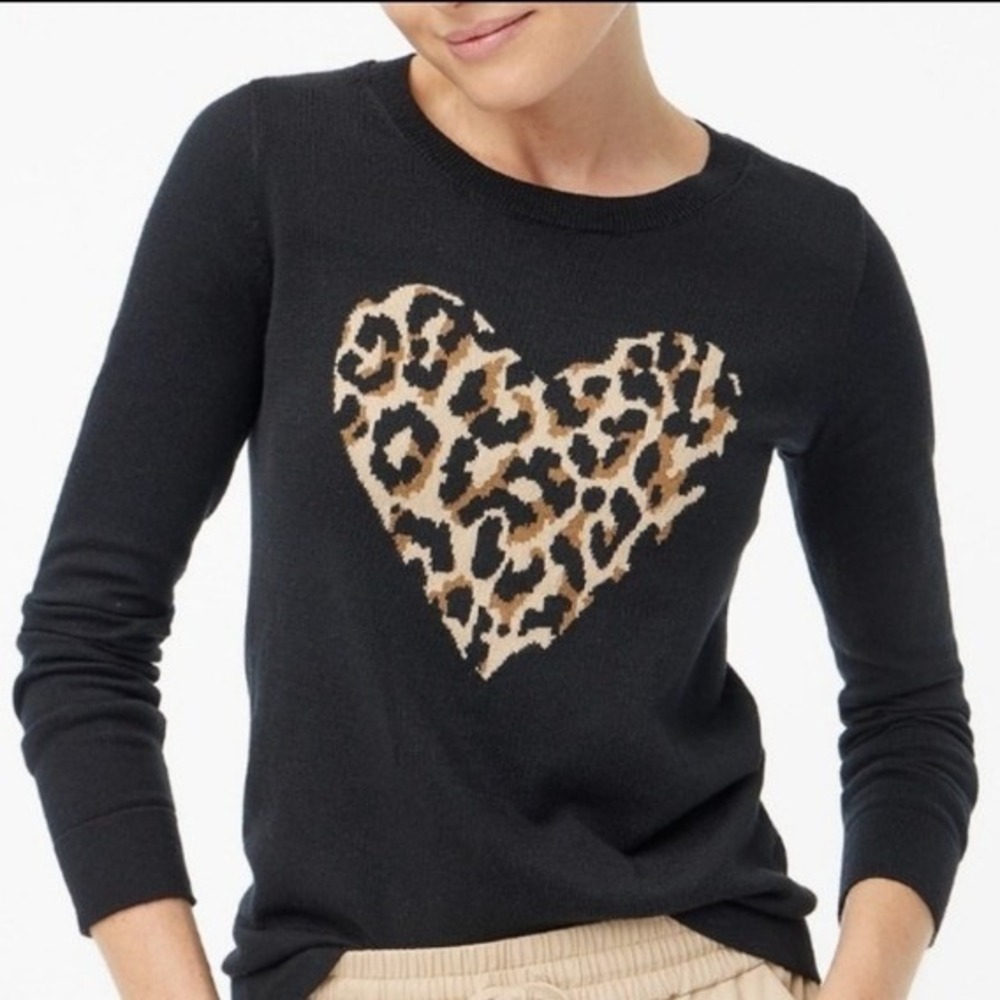 J.Crew Teddie Sweater Womens S Black Leopard Heart Preppy Minimalist Soft Girl